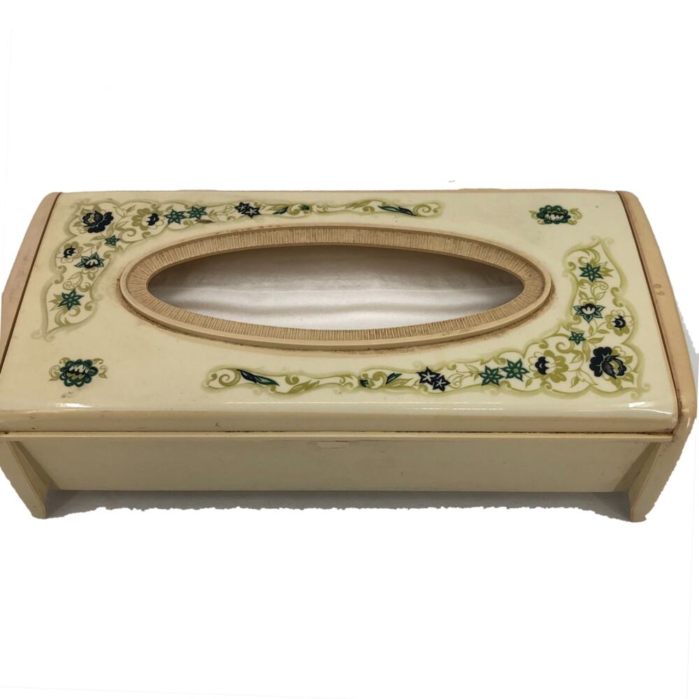 Vintage Mid Century Modern Tissue Box Cover Vanity Holder Floral Painted Cream